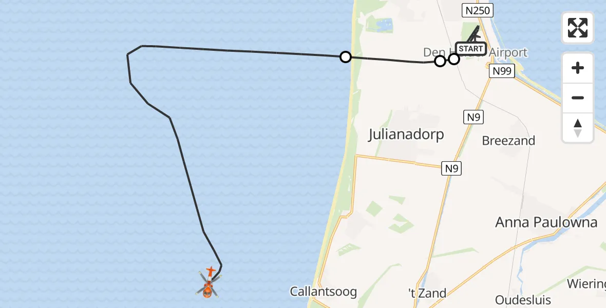 Vluchtroute Kustwachthelikopter Militair vliegveld De Kooy / Den Helder Airport - Noordzee, 05 juni 2026, 15:27