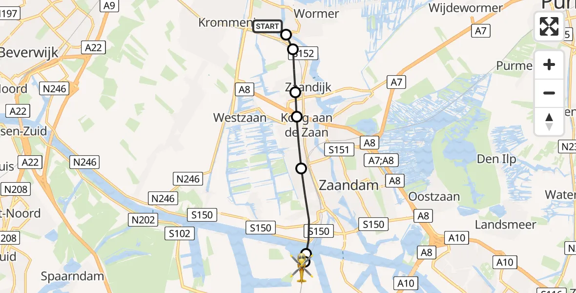 Vluchtroute Traumahelikopter Wormerveer - Amsterdam Heliport, 05 juni 2026, 18:15