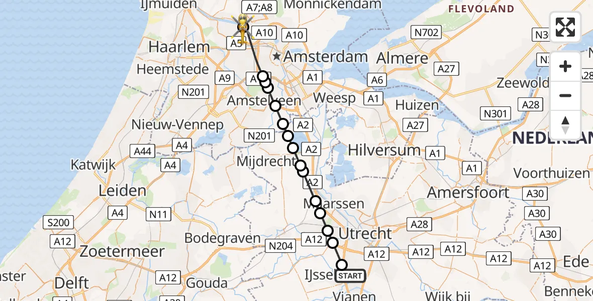 Vluchtroute Traumahelikopter Nieuwegein - Amsterdam Heliport, 06 juni 2026, 04:39