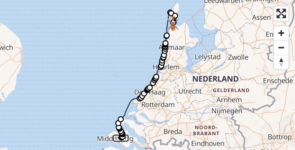 Vluchtroute Kustwachthelikopter Vliegveld Midden-Zeeland - Militair vliegveld De Kooy / Den Helder Airport, 06 juni 2026, 06:07