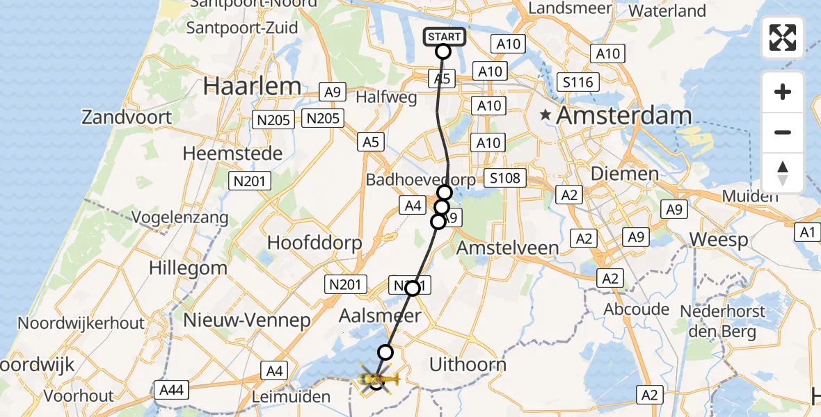 Vluchtroute Traumahelikopter Amsterdam Heliport - Kudelstaart, 06 juni 2026, 06:08