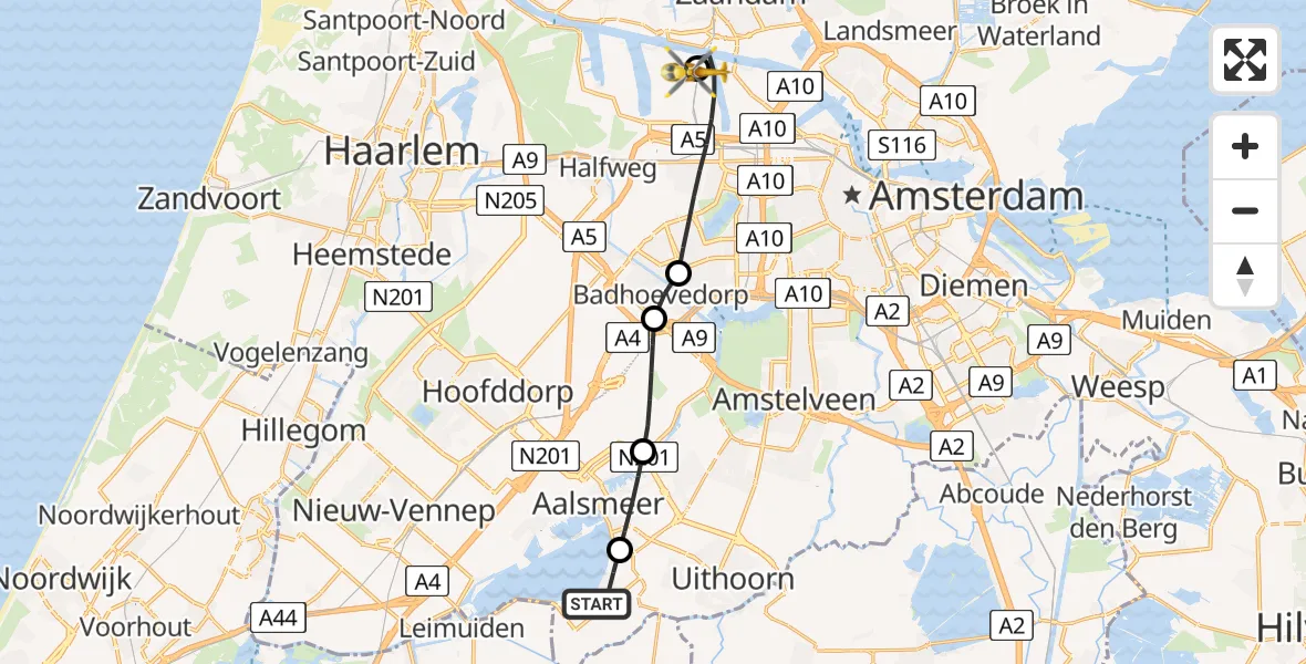 Vluchtroute Traumahelikopter Kudelstaart - Amsterdam Heliport, 06 juni 2026, 06:33