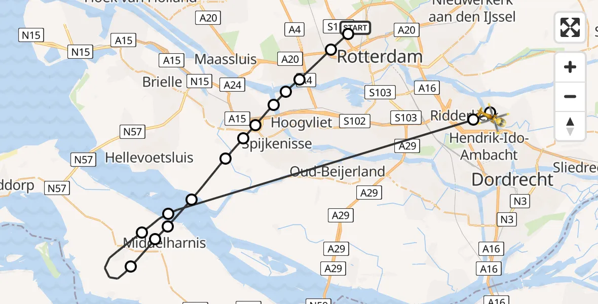 Vluchtroute Traumahelikopter Rotterdam The Hague Airport - Alblasserdam, 06 juni 2026, 07:21