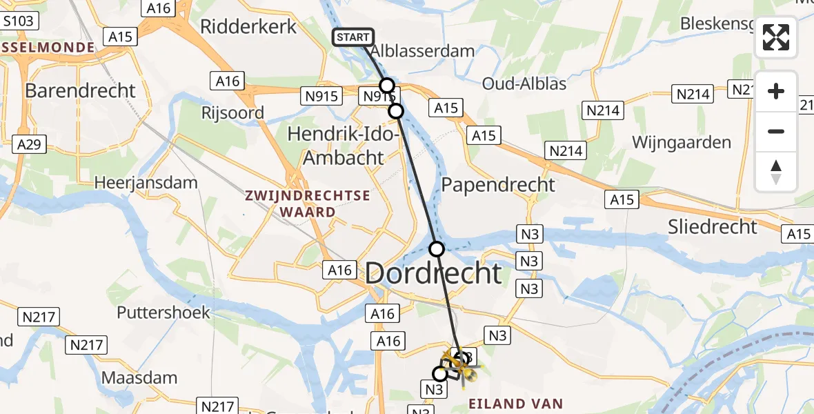 Vluchtroute Traumahelikopter Alblasserdam - Albert Schweitzer Hospital Dordrecht Heliport, 06 juni 2026, 08:25