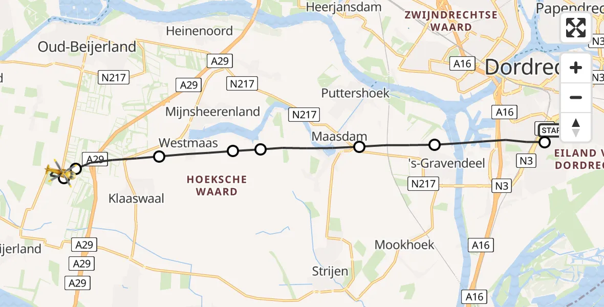 Vluchtroute Traumahelikopter Albert Schweitzer Hospital Dordrecht Heliport - Zuid-Beijerland, 06 juni 2026, 08:50