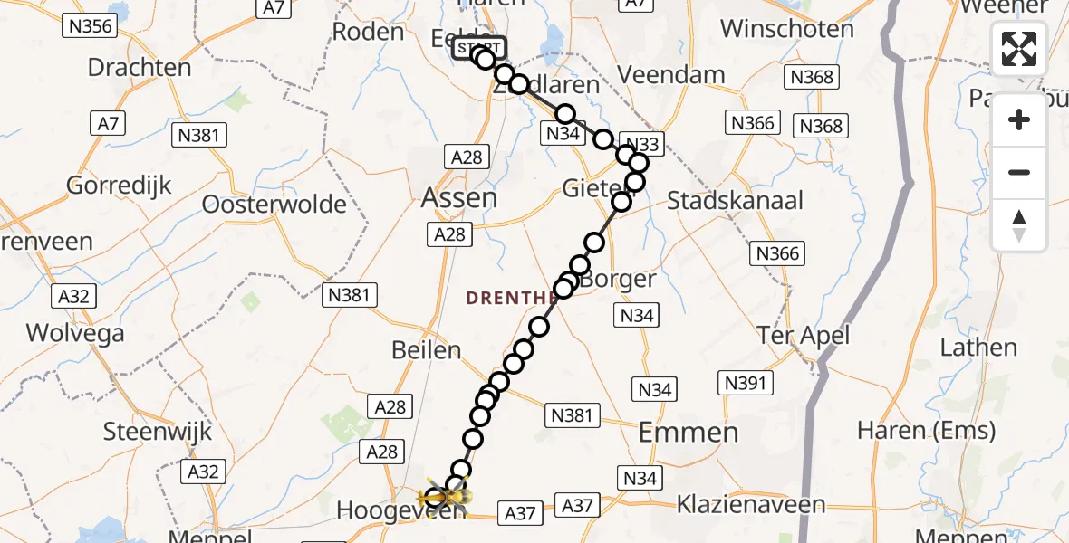 Vluchtroute Traumahelikopter Groningen Airport Eelde - Tiendeveen, 06 juni 2026, 10:02