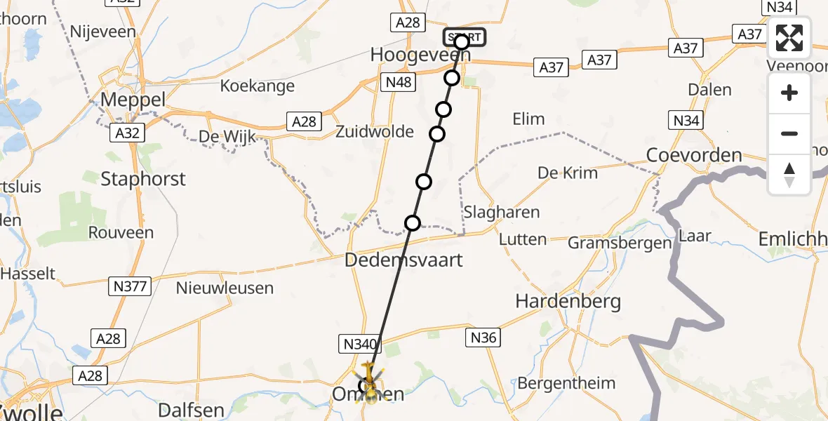 Vluchtroute Traumahelikopter Vliegveld Hoogeveen - Ommen, 06 juni 2026, 11:22