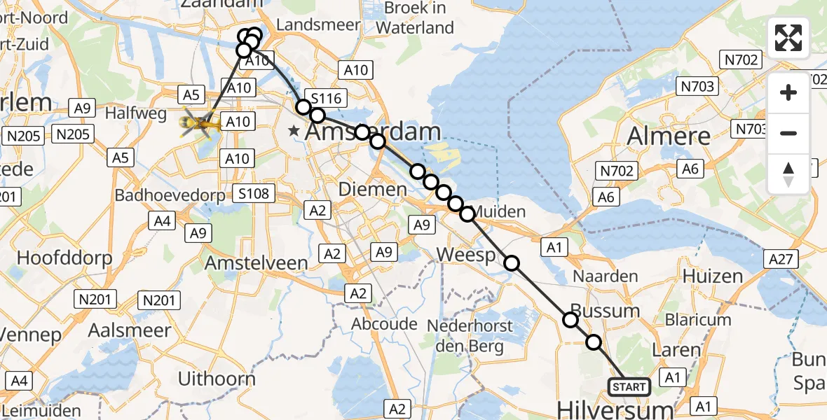Vluchtroute Traumahelikopter Hilversum - Amsterdam, 06 juni 2026, 11:30