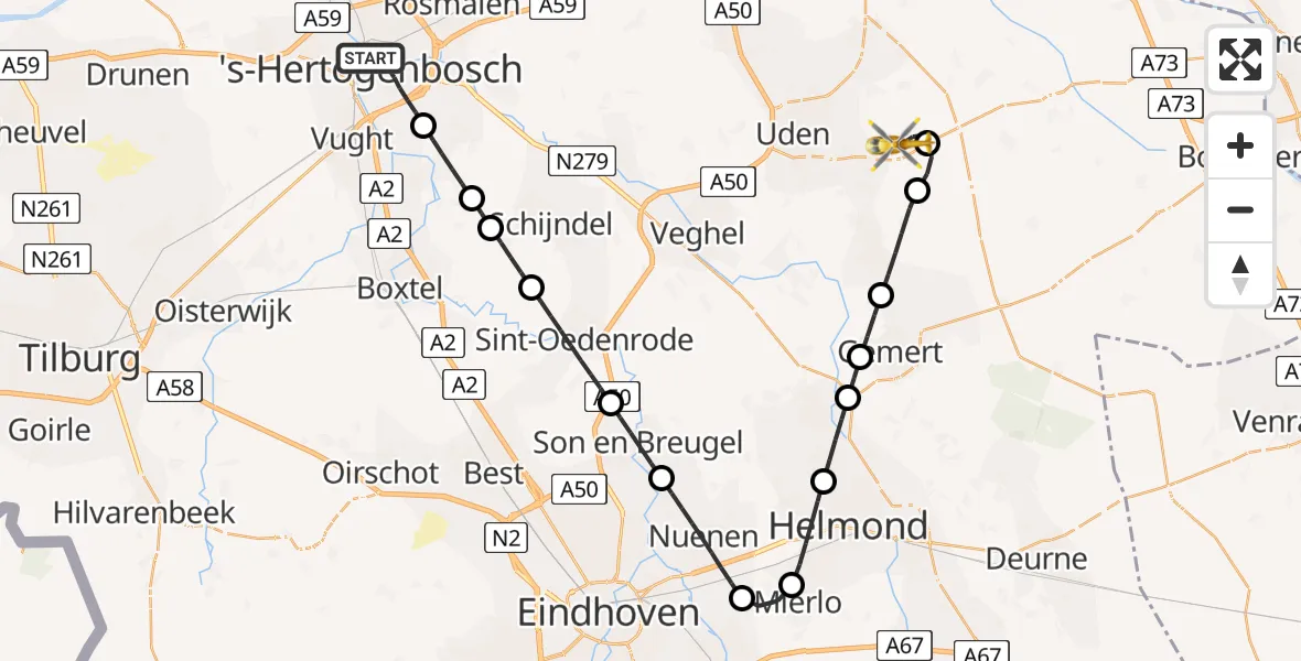 Vluchtroute Traumahelikopter 's-Hertogenbosch - Vliegbasis Volkel, 06 juni 2026, 12:08