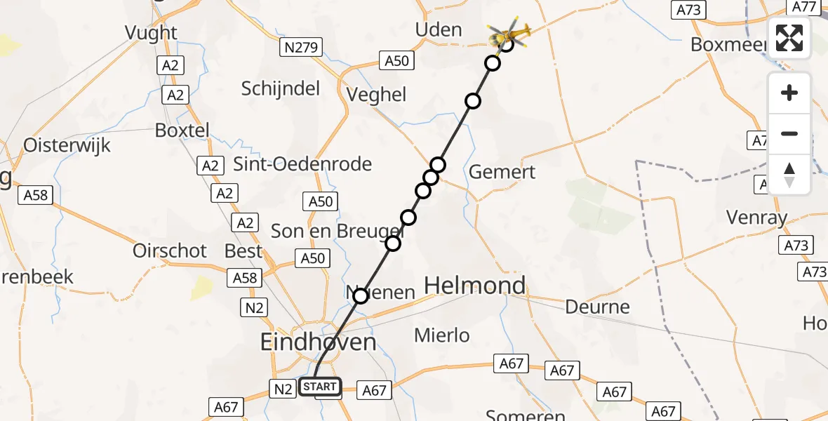 Vluchtroute Traumahelikopter Eindhoven - Vliegbasis Volkel, 06 juni 2026, 15:13