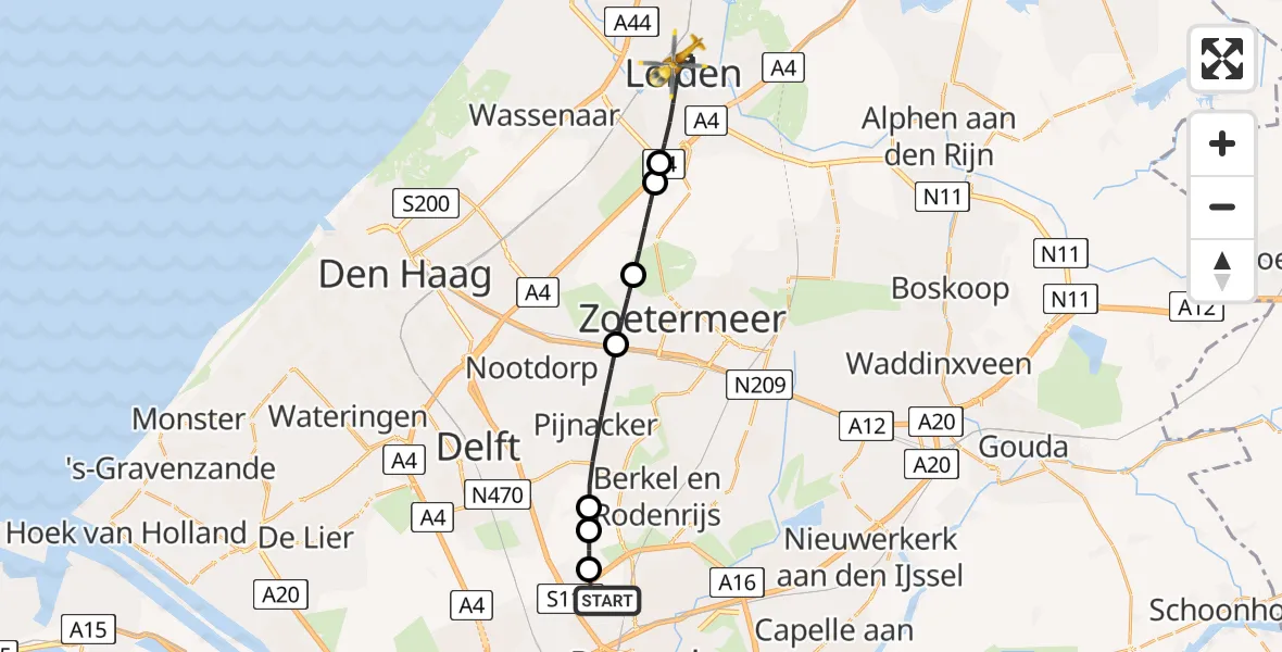 Vluchtroute Traumahelikopter Rotterdam The Hague Airport - Leiden, 06 juni 2026, 15:28