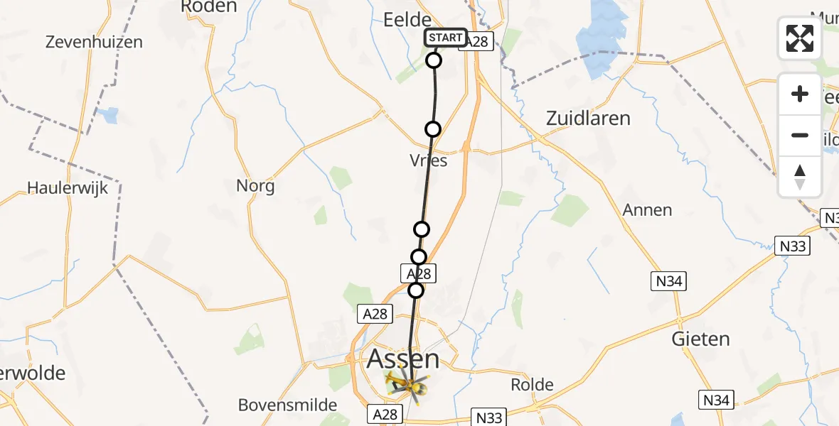 Vluchtroute Traumahelikopter Groningen Airport Eelde - Assen, 06 juni 2026, 16:39
