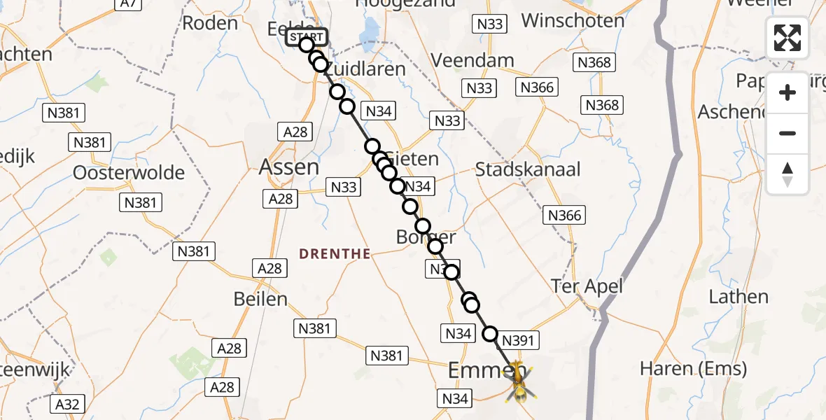Vluchtroute Traumahelikopter Groningen Airport Eelde - Emmen, 06 juni 2026, 20:49