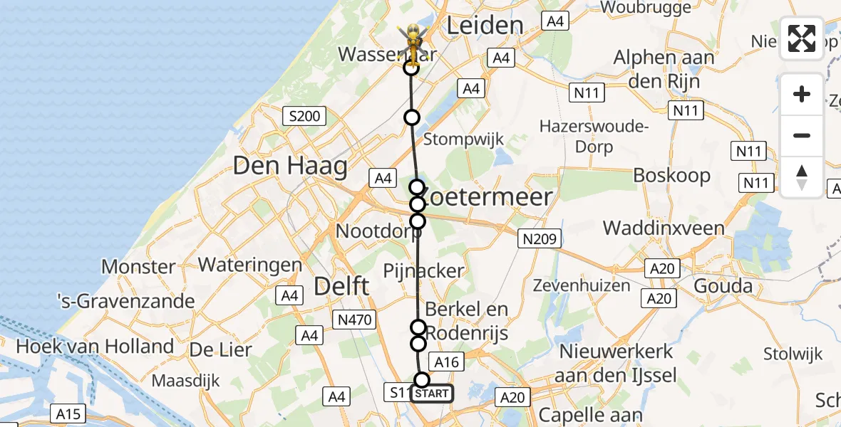 Vluchtroute Traumahelikopter Rotterdam The Hague Airport - Wassenaar, 06 juni 2026, 21:44