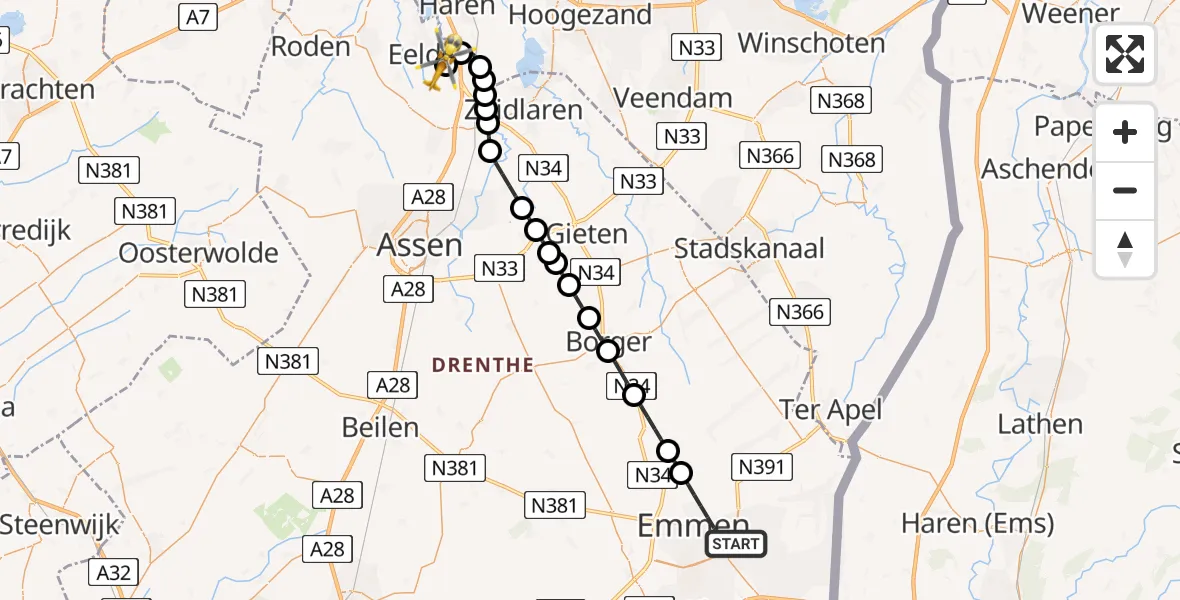 Vluchtroute Traumahelikopter Emmen - Groningen Airport Eelde, 06 juni 2026, 22:22