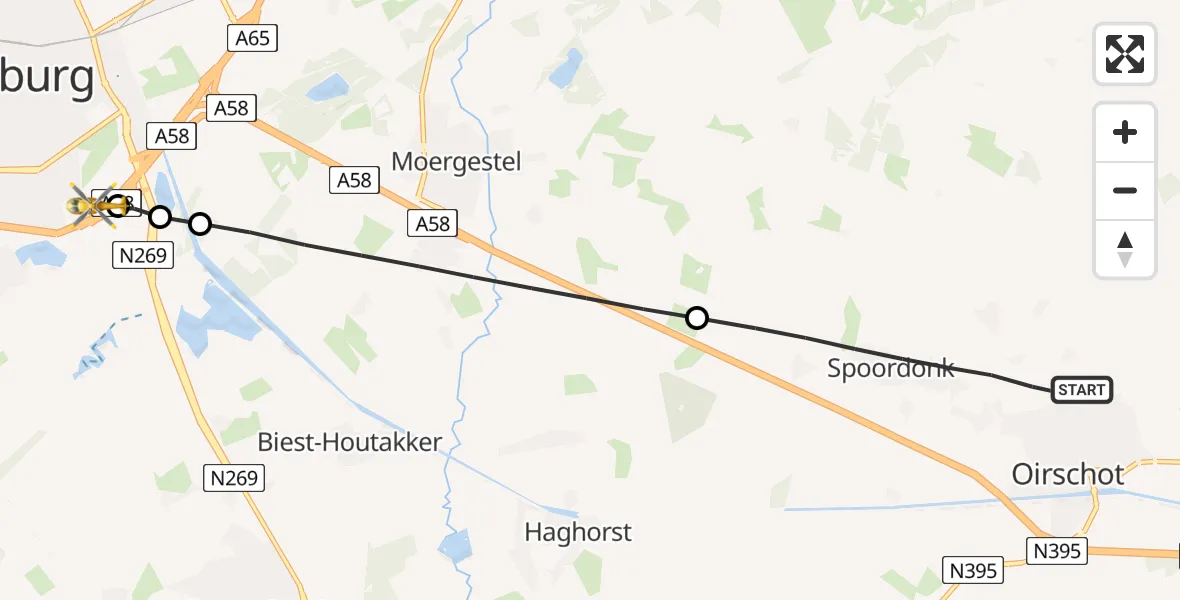 Vluchtroute Traumahelikopter Oirschot - St. Elisabeth Hospital Heliport, 07 juni 2026, 04:35