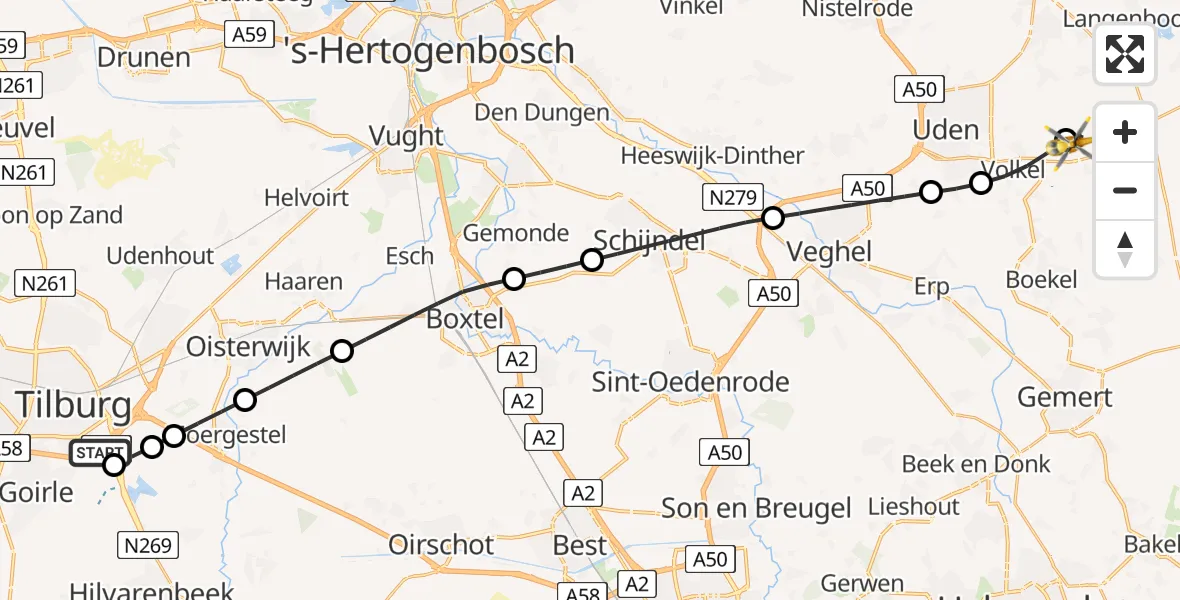 Vluchtroute Traumahelikopter St. Elisabeth Hospital Heliport - Vliegbasis Volkel, 07 juni 2026, 05:07