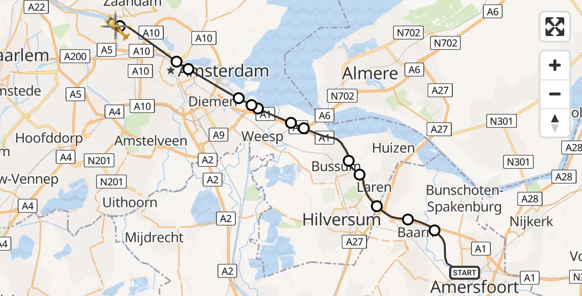 Vluchtroute Traumahelikopter Hoogland - Amsterdam Heliport, 07 juni 2026, 05:39