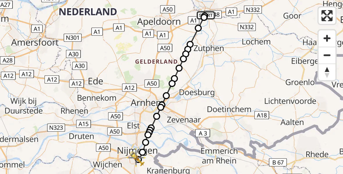 Vluchtroute Traumahelikopter Deventer - Radboud University Medical Center Heliport, 07 juni 2026, 07:44