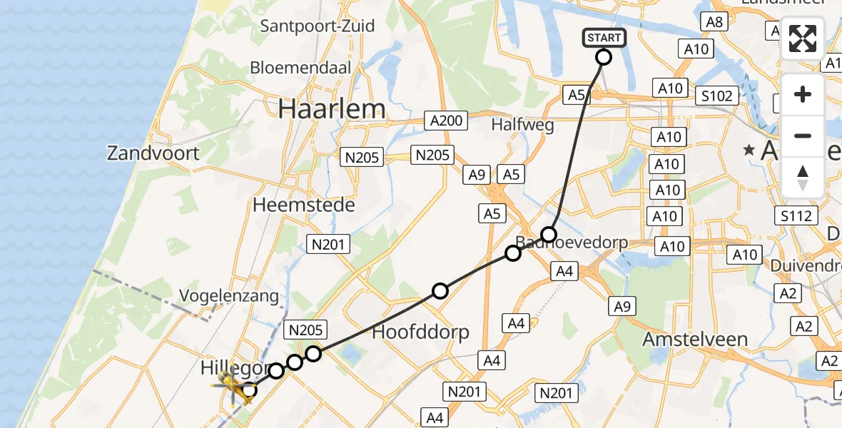 Vluchtroute Traumahelikopter Amsterdam Heliport - Hillegom, 07 juni 2026, 08:00