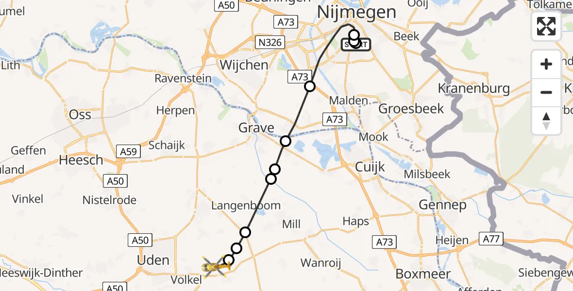 Vluchtroute Traumahelikopter Radboud Universitair Medisch Centrum - Vliegbasis Volkel, 07 juni 2026, 08:20