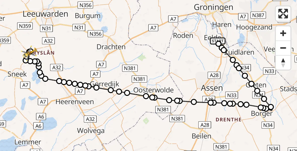 Vluchtroute Traumahelikopter Groningen Airport Eelde - Dearsum, 07 juni 2026, 08:23