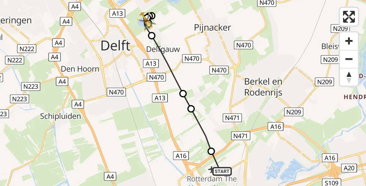 Vluchtroute Traumahelikopter Rotterdam The Hague Airport - Delft, 07 juni 2026, 09:31