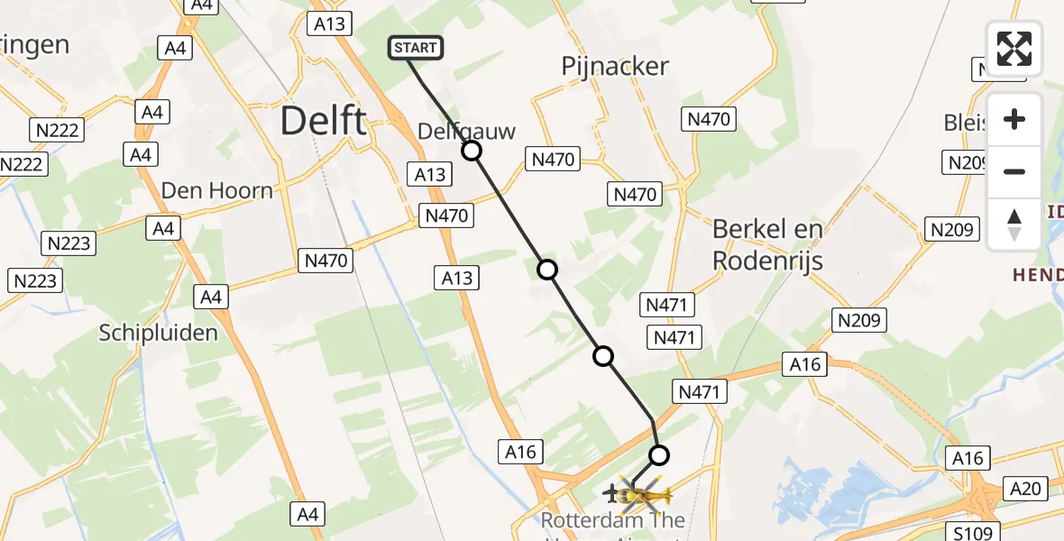 Vluchtroute Traumahelikopter Delft - Rotterdam The Hague Airport, 07 juni 2026, 09:49