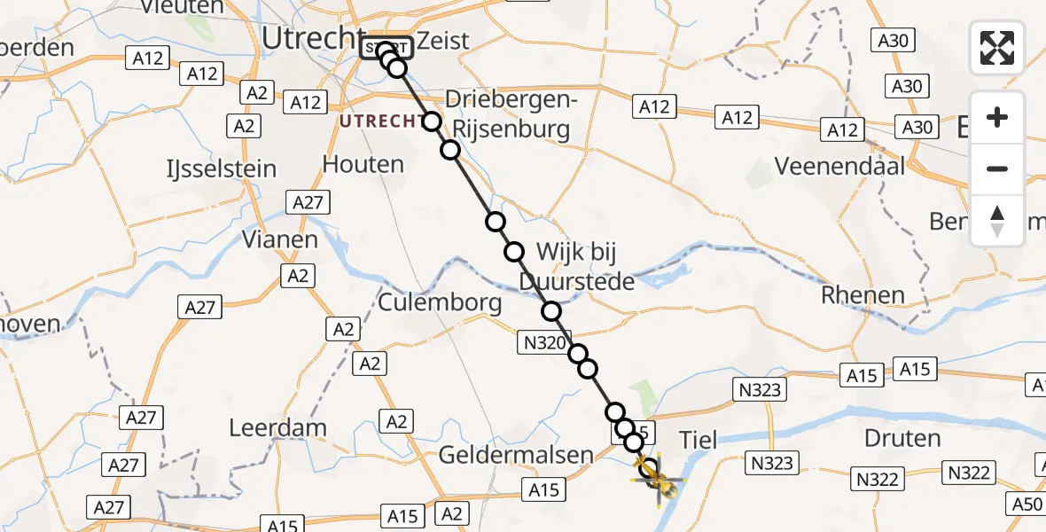 Vluchtroute Traumahelikopter Universitair Medisch Centrum Utrecht - Tiel, 07 juni 2026, 12:39