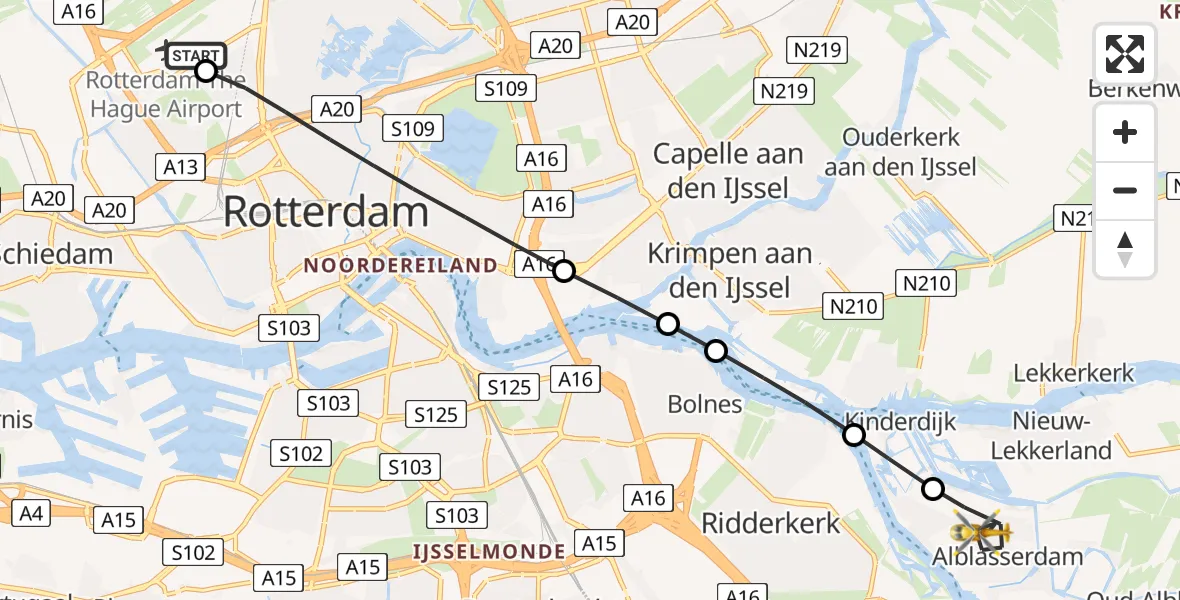 Vluchtroute Traumahelikopter Rotterdam The Hague Airport - Alblasserdam, 07 juni 2026, 13:26