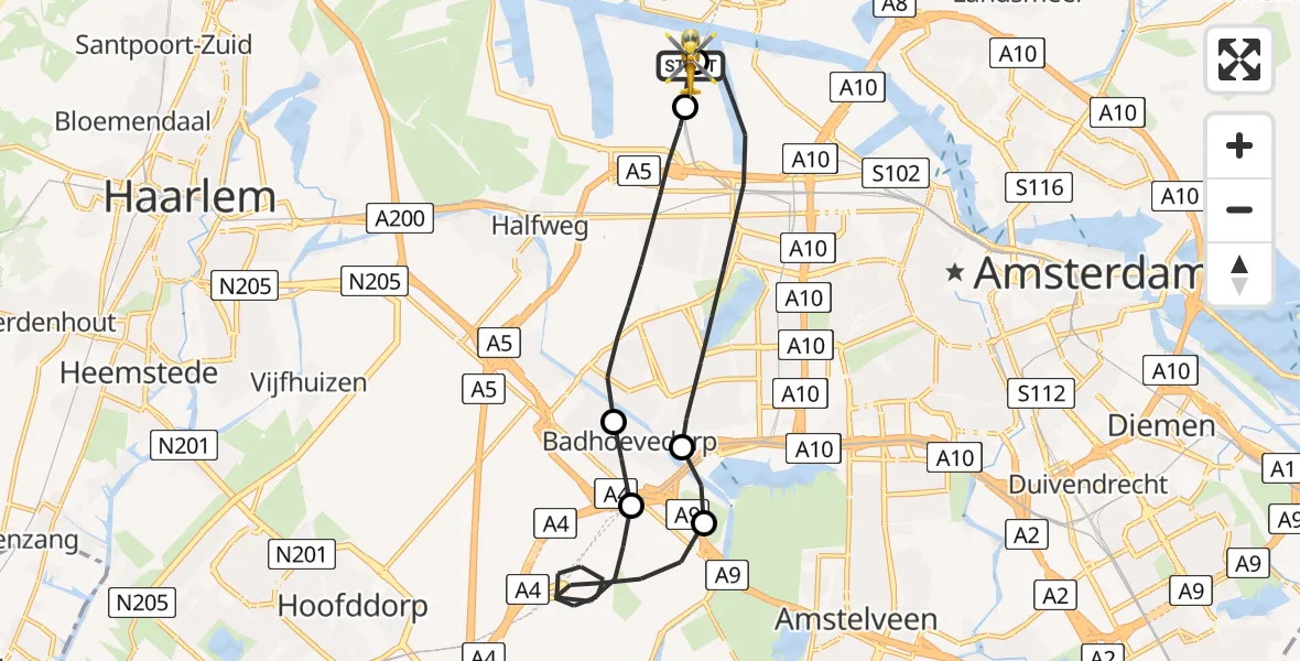 Vluchtroute Traumahelikopter Amsterdam Heliport - Amsterdam Heliport, 07 juni 2026, 13:45