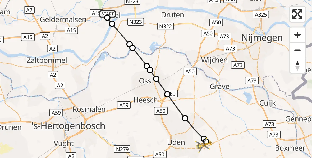Vluchtroute Traumahelikopter Rivierenland Hospital Heliport - Vliegbasis Volkel, 07 juni 2026, 13:49