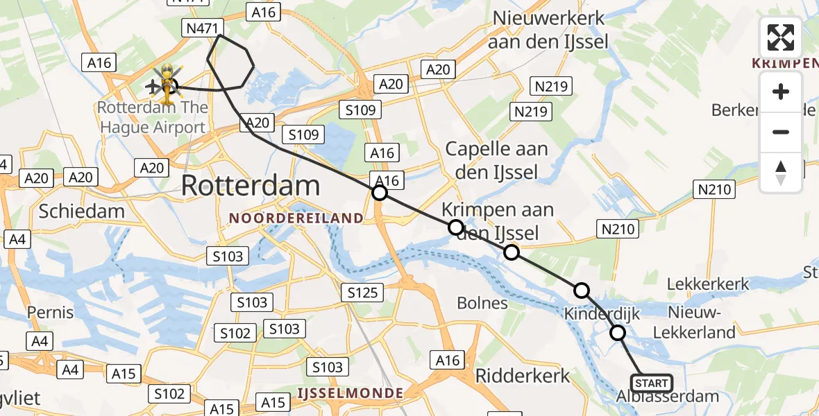 Vluchtroute Traumahelikopter Alblasserdam - Rotterdam The Hague Airport, 07 juni 2026, 13:49