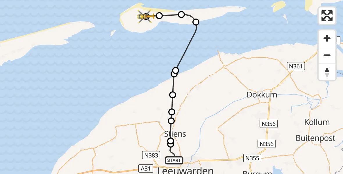 Vluchtroute Ambulancehelikopter Vliegbasis Leeuwarden - Ameland Vliegveld Ballum, 07 juni 2026, 17:12