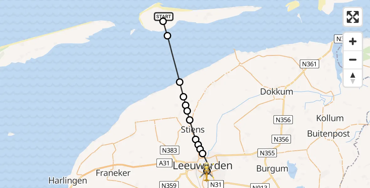 Vluchtroute Ambulancehelikopter Ameland Vliegveld Ballum - Leeuwarden Medical Center Heliport, 07 juni 2026, 17:44