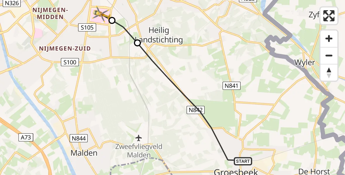 Vluchtroute Traumahelikopter Groesbeek - Radboud University Medical Center Heliport, 07 juni 2026, 18:50