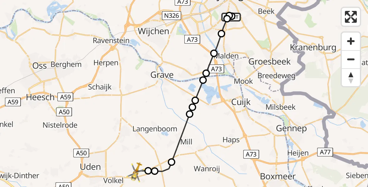 Vluchtroute Traumahelikopter Radboud Universitair Medisch Centrum - Vliegbasis Volkel, 07 juni 2026, 19:15