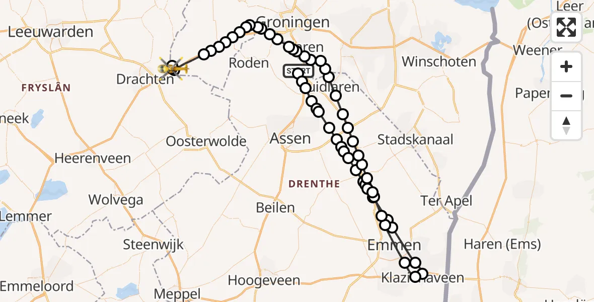 Vluchtroute Traumahelikopter Groningen Airport Eelde - Ureterp, 07 juni 2026, 23:21