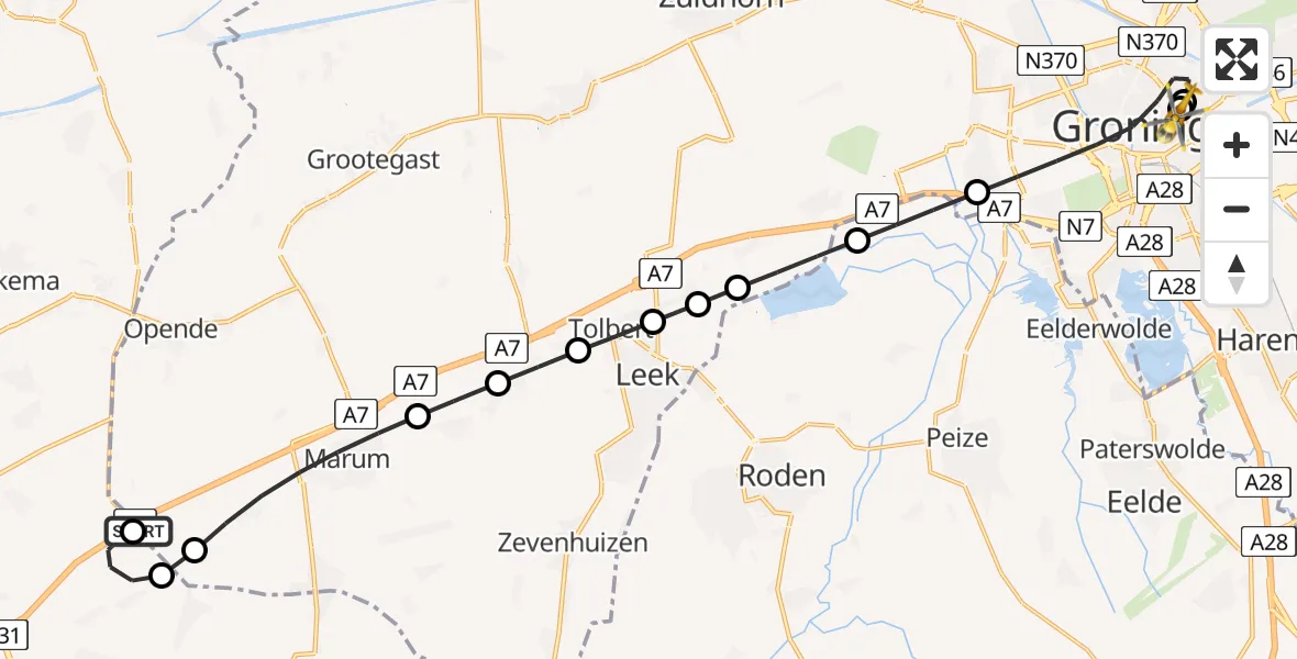 Vluchtroute Traumahelikopter Marum - Universitair Medisch Centrum Groningen, 08 juni 2026, 00:22