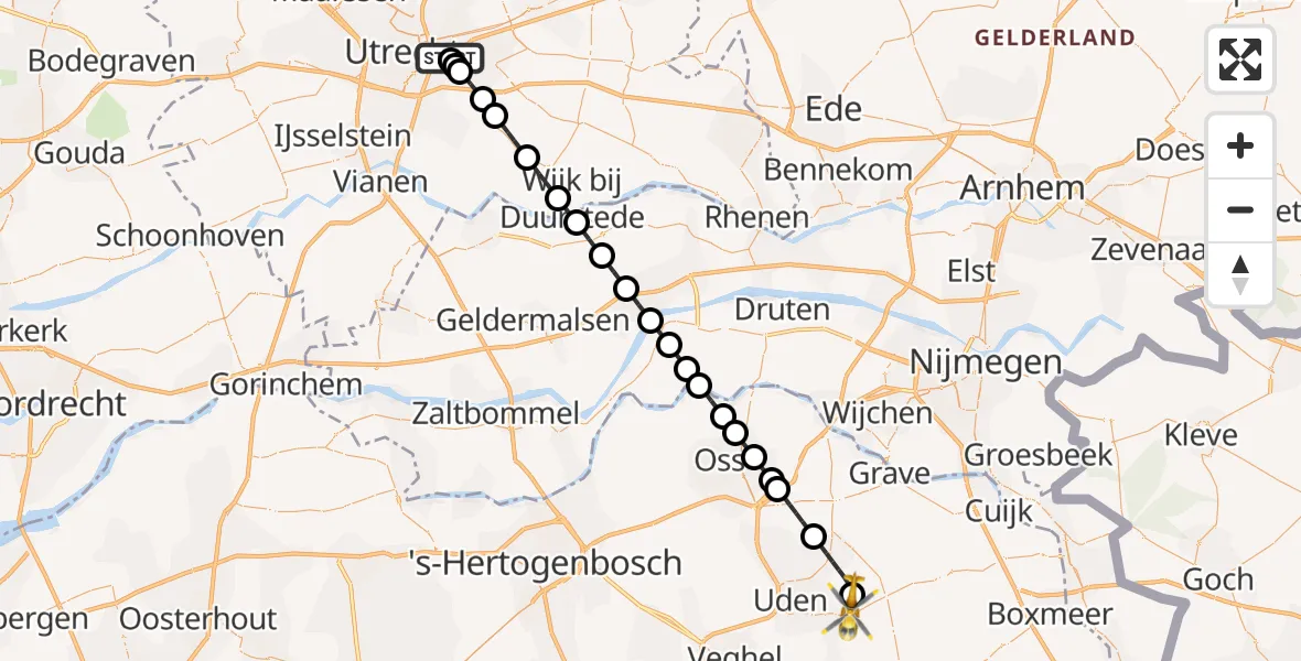 Vluchtroute Traumahelikopter Universitair Medisch Centrum Utrecht - Vliegbasis Volkel, 08 juni 2026, 03:45