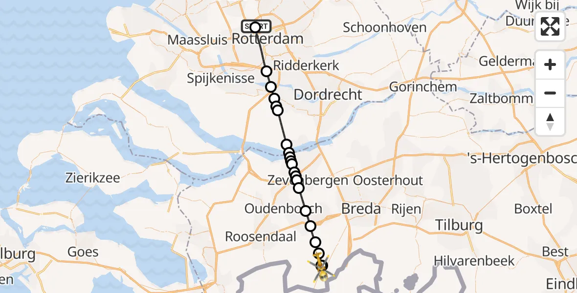 Vluchtroute Traumahelikopter Rotterdam The Hague Airport - Klein Zundert, 08 juni 2026, 06:32