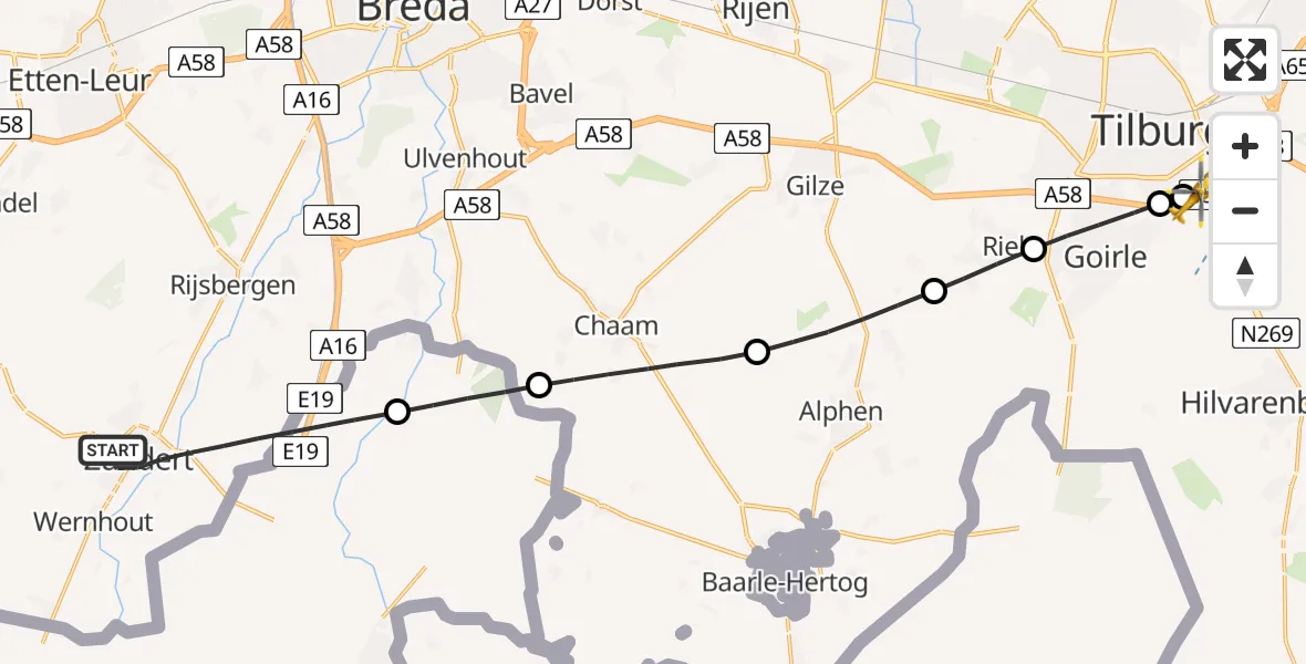 Vluchtroute Traumahelikopter Zundert - St. Elisabeth Hospital Heliport, 08 juni 2026, 07:35