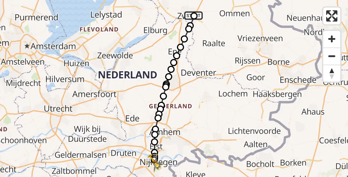 Vluchtroute Traumahelikopter Isala Hospital Zwolle Heliport - Nijmegen, 08 juni 2026, 07:45