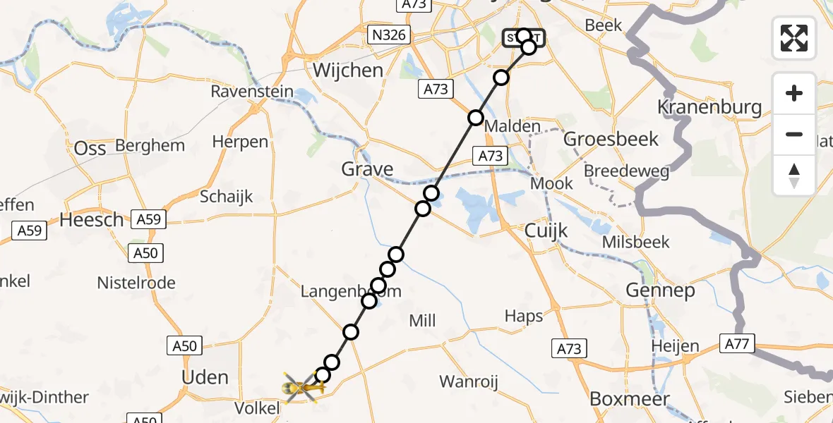 Vluchtroute Traumahelikopter Radboud Universitair Medisch Centrum - Vliegbasis Volkel, 08 juni 2026, 09:05