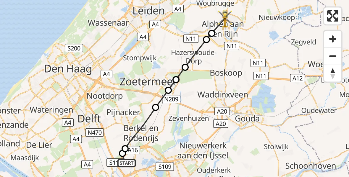 Vluchtroute Traumahelikopter Rotterdam The Hague Airport - Alphen aan den Rijn, 08 juni 2026, 12:01