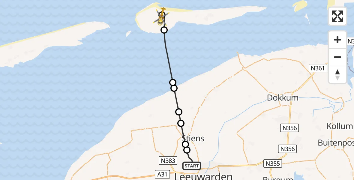 Vluchtroute Ambulancehelikopter Vliegbasis Leeuwarden - Ameland Vliegveld Ballum, 08 juni 2026, 12:17