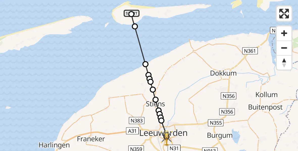 Vluchtroute Ambulancehelikopter Ameland Vliegveld Ballum - Leeuwarden Medical Center Heliport, 08 juni 2026, 12:47