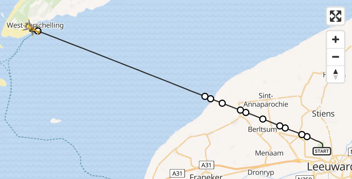 Vluchtroute Ambulancehelikopter Vliegbasis Leeuwarden - West-Terschelling, 08 juni 2026, 17:09