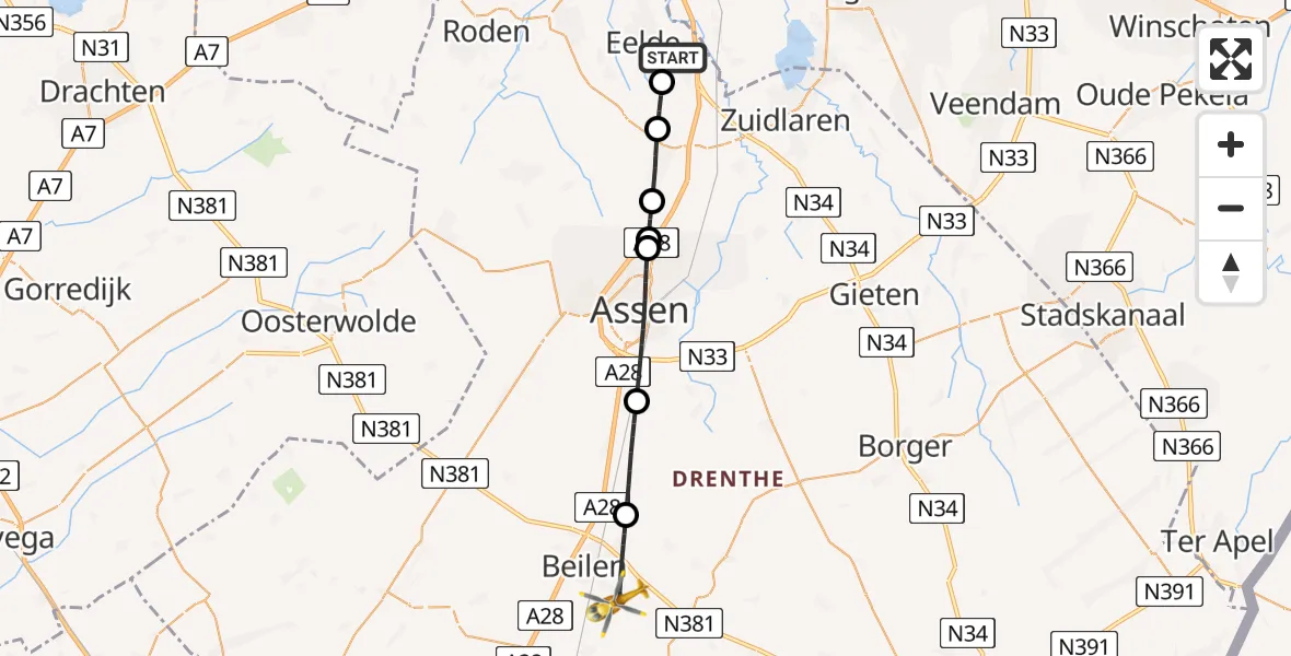 Vluchtroute Traumahelikopter Groningen Airport Eelde - Beilen, 08 juni 2026, 17:56