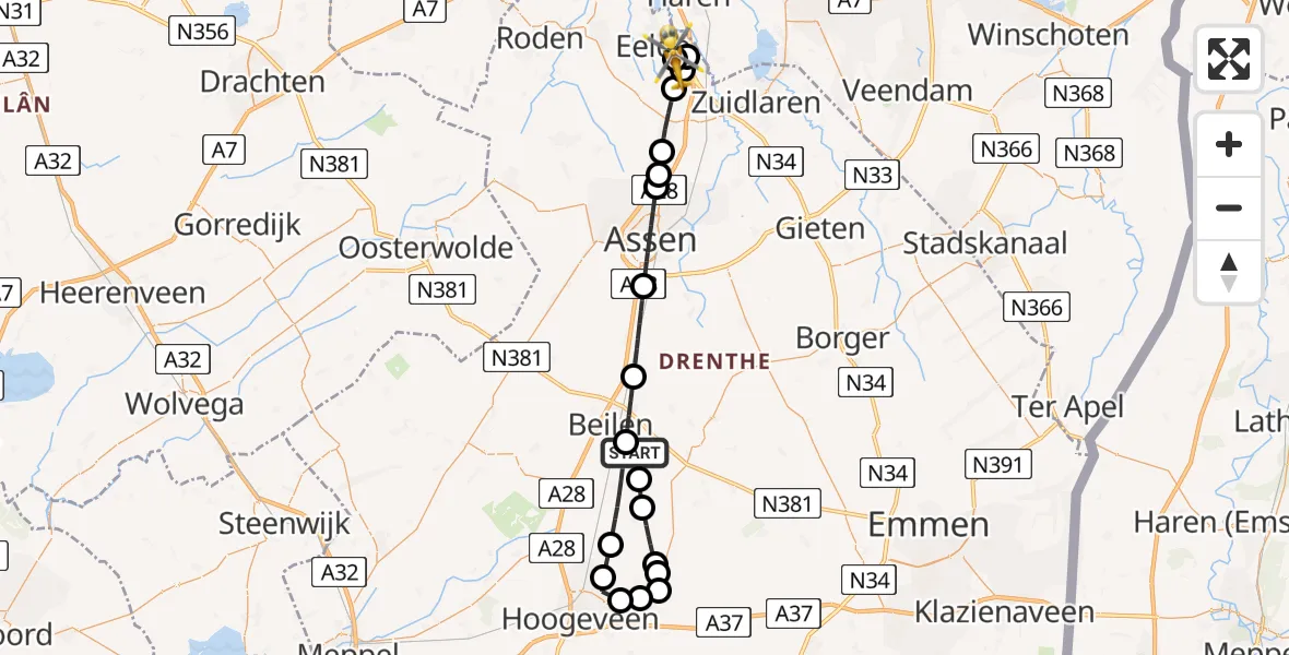 Vluchtroute Traumahelikopter Beilen - Groningen Airport Eelde, 08 juni 2026, 18:30